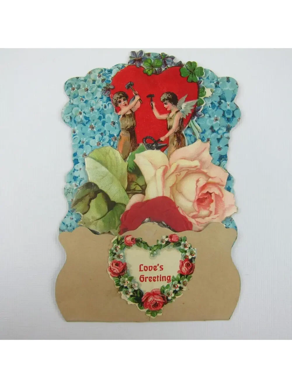 Vintage Valentine Honeycomb 3D Pop Up Angels Blacksmith Horseshoe Rose Flowers